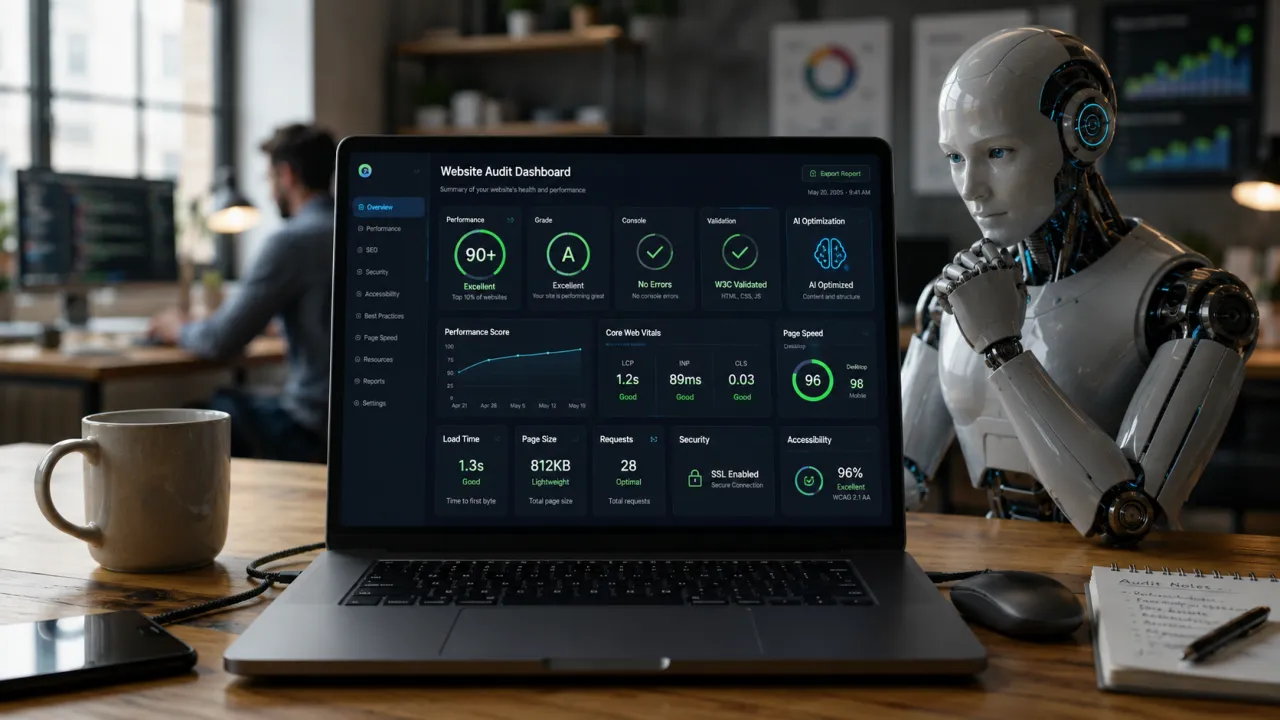 Dashboard de auditoria web com indicadores de qualidade do site